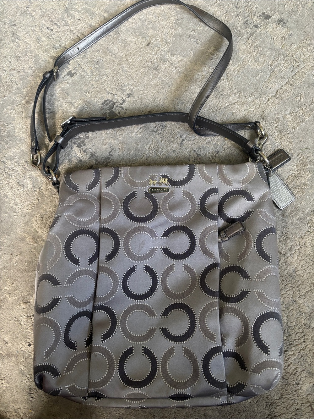 Coach Gray Signature 'C' Print Crossbody Bag zipper works but ripped off side.